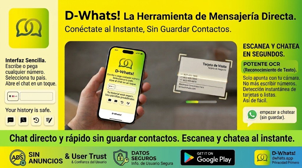 D-Whats! La Herramienta de Mensajería Directa — Conéctate al instante, sin guardar contactos. Disponible en Google Play.